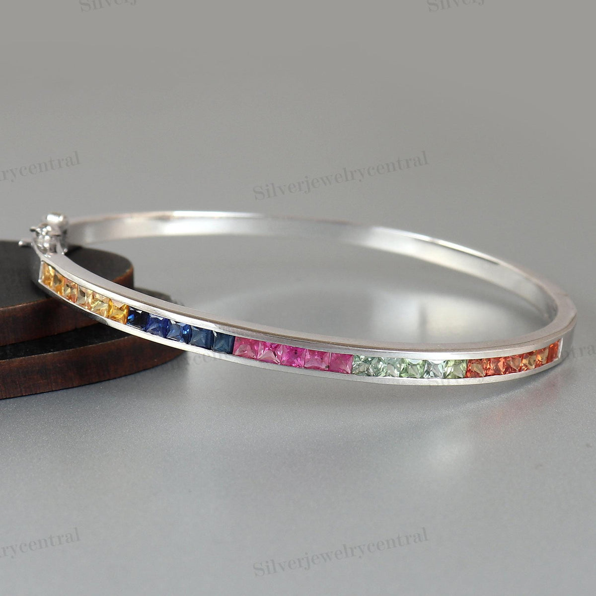 Natural Multi Sapphire Bangle-925 Sterling Silver Bangle-Square Cut Sapphire Bangle-September Birthstone-Stackable Bracelet-Gift for Wife