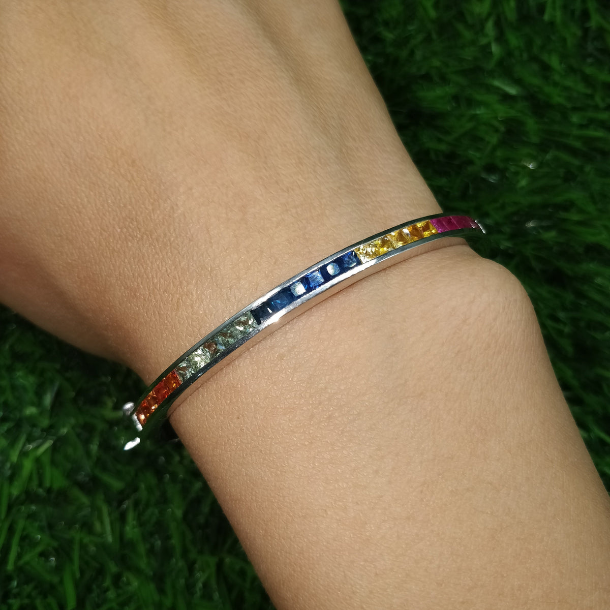 Multi Sapphire Bangle | 925 Sterling Silver Bracelet | Square Gemstone Jewelry
