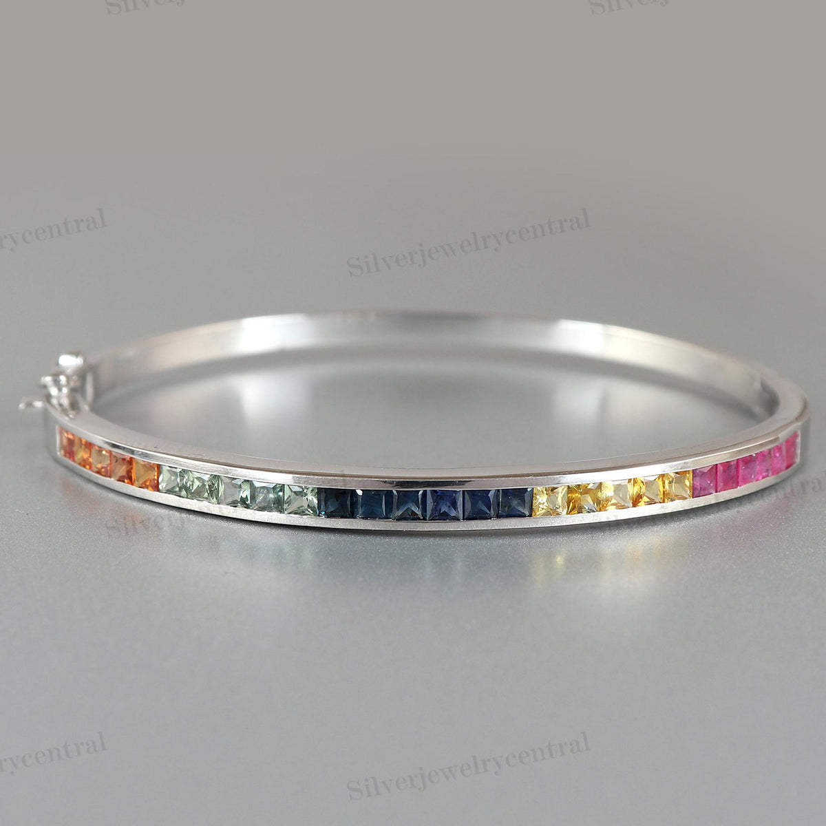 Multi Sapphire Bangle | 925 Sterling Silver Bracelet | Square Gemstone Jewelry
