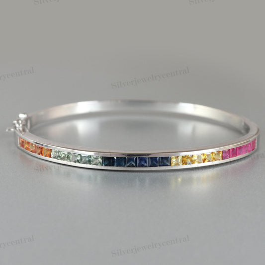 Multi Sapphire Bangle | 925 Sterling Silver Bracelet | Square Gemstone Jewelry