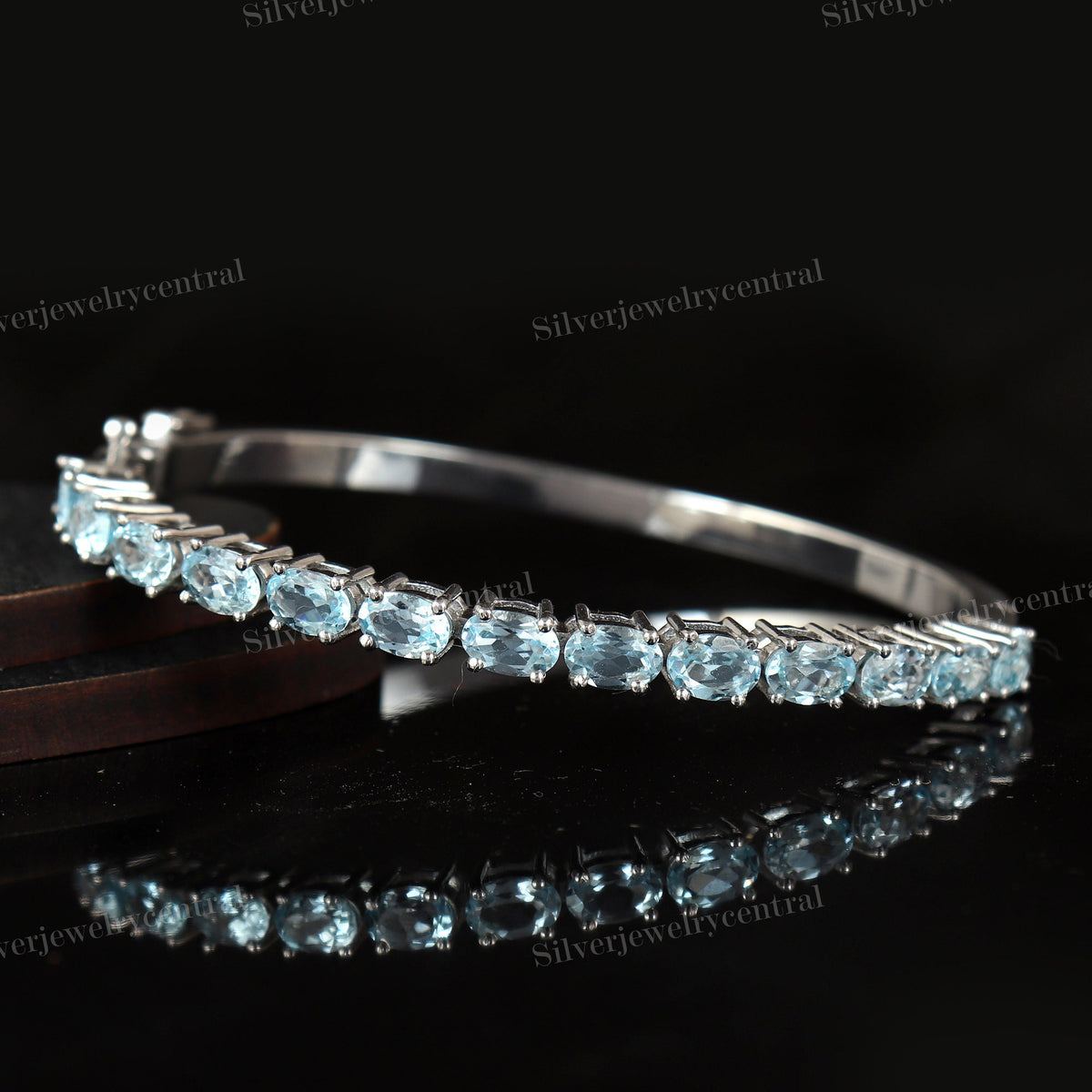 Blue Topaz Bangle: 925 Sterling Silver, December Birthstone, Christmas Jewelry