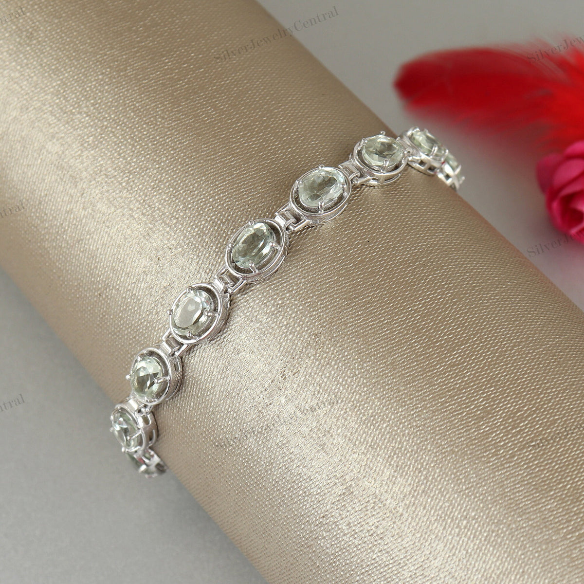Natural Green Amethyst Gemstone Bracelet Oval Cut Sterling Silver Handmade Vintage Jewelry