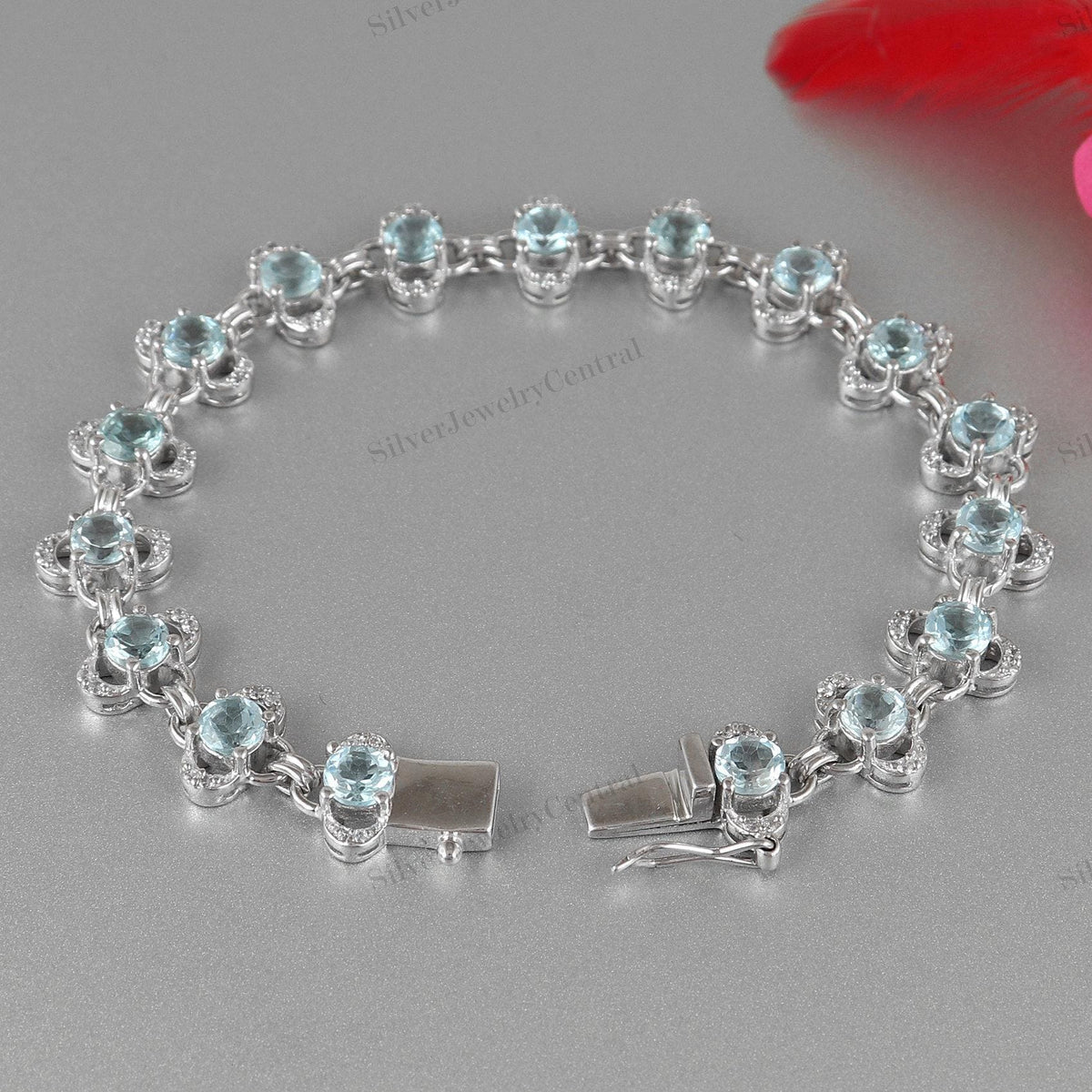 Blue Topaz Gemstone Tennis Bracelet Sterling Silver Handmade Clover Design Jewelry Gifts For Her