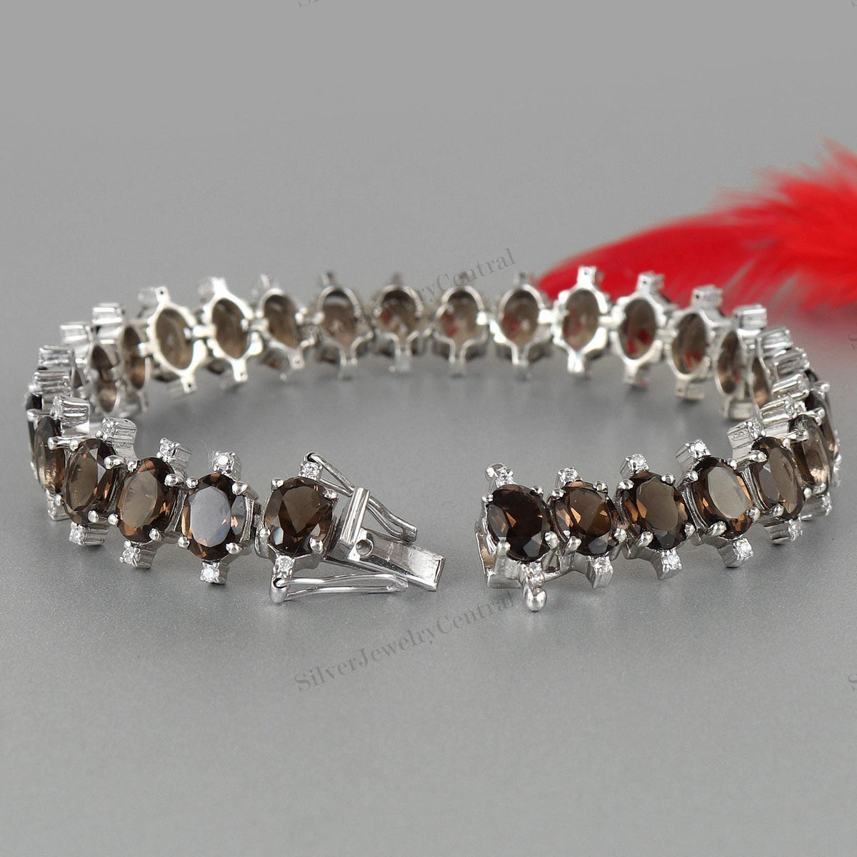 Natural Smoky Quartz Oval Tennis Bracelet, Sterling Silver, Brown Gemstone Jewelry