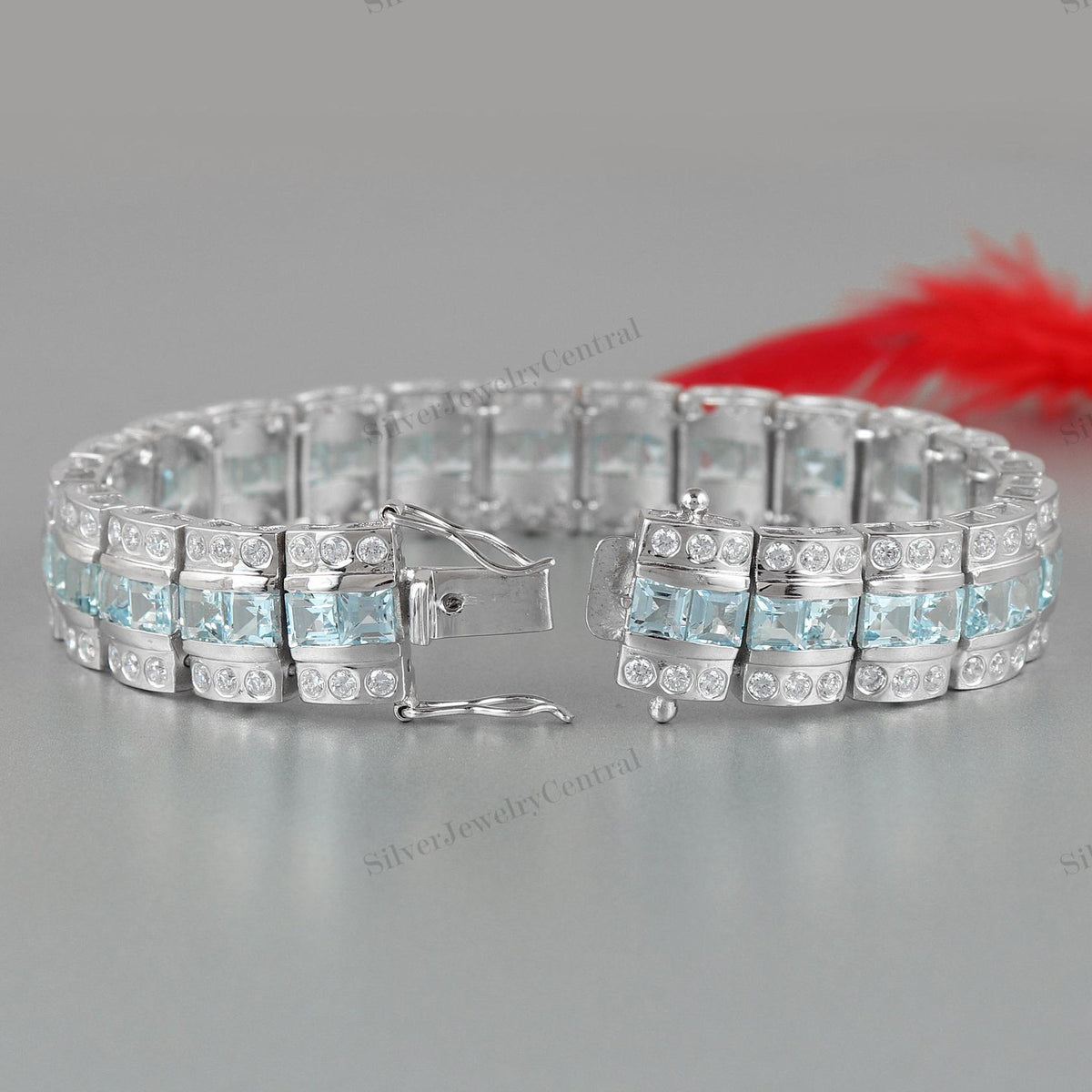 Sterling Silver Blue Topaz Tennis Bracelet, Square Cut Gemstone, December Birthstone