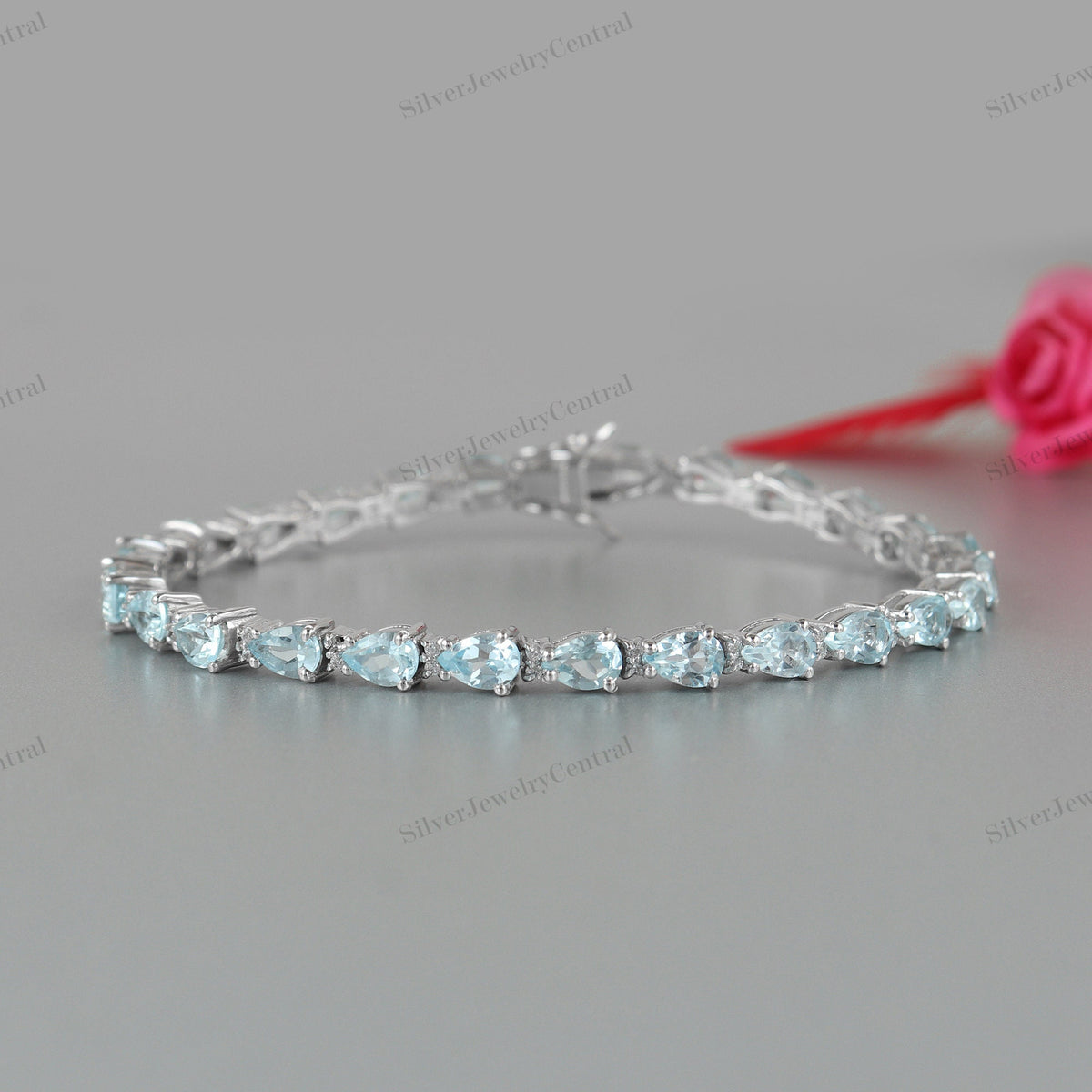 Elegant Blue Topaz Gemstone 925 Sterling Silver Bracelet Pear Cut Handmade Anniversary Jewelry