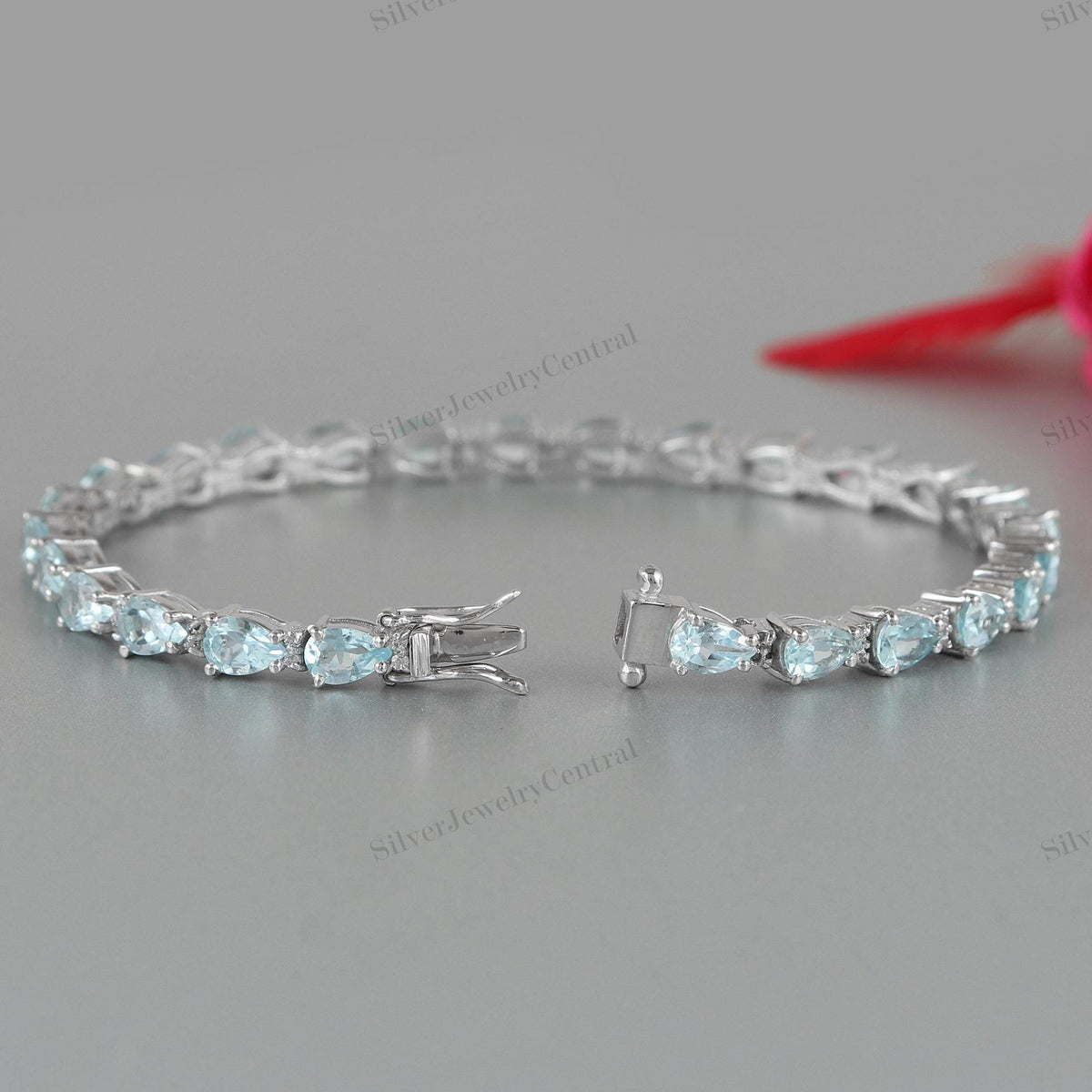 Elegant Blue Topaz Gemstone 925 Sterling Silver Bracelet Pear Cut Handmade Anniversary Jewelry
