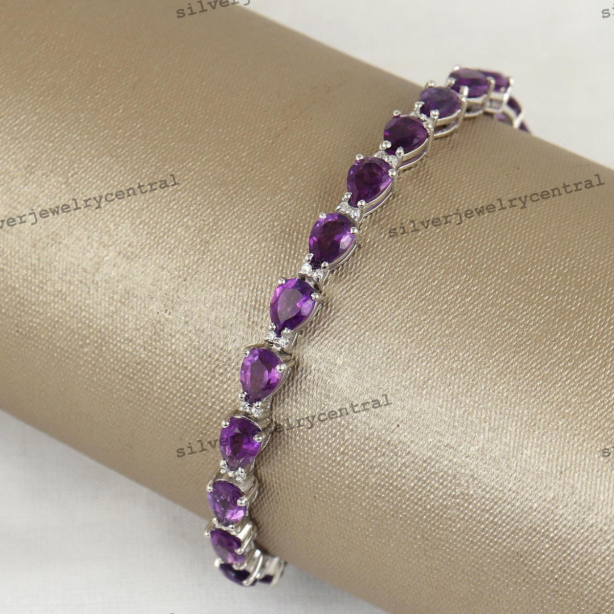 Natural Amethyst Tennis Bracelet-Sterling Silver-Pear Gemstone-February Birthstone