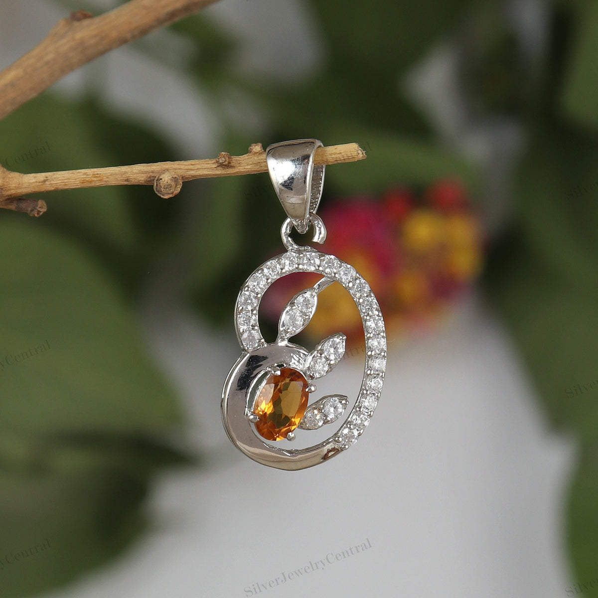 Citrine Cluster Pendant: Oval Gemstone, 925 Sterling Silver, November Birthstone