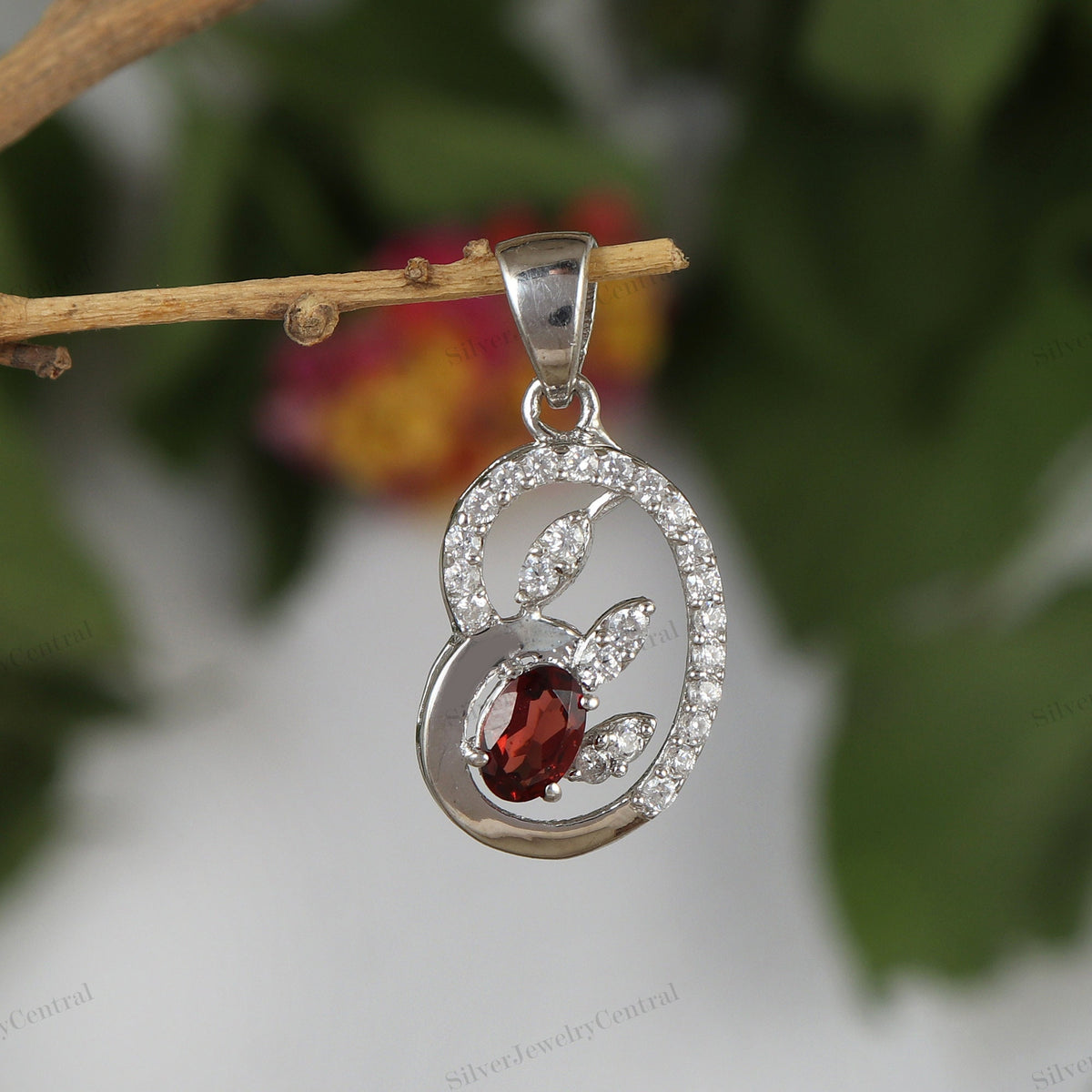 Garnet Cluster Pendant: 925 Sterling Silver January Birthstone