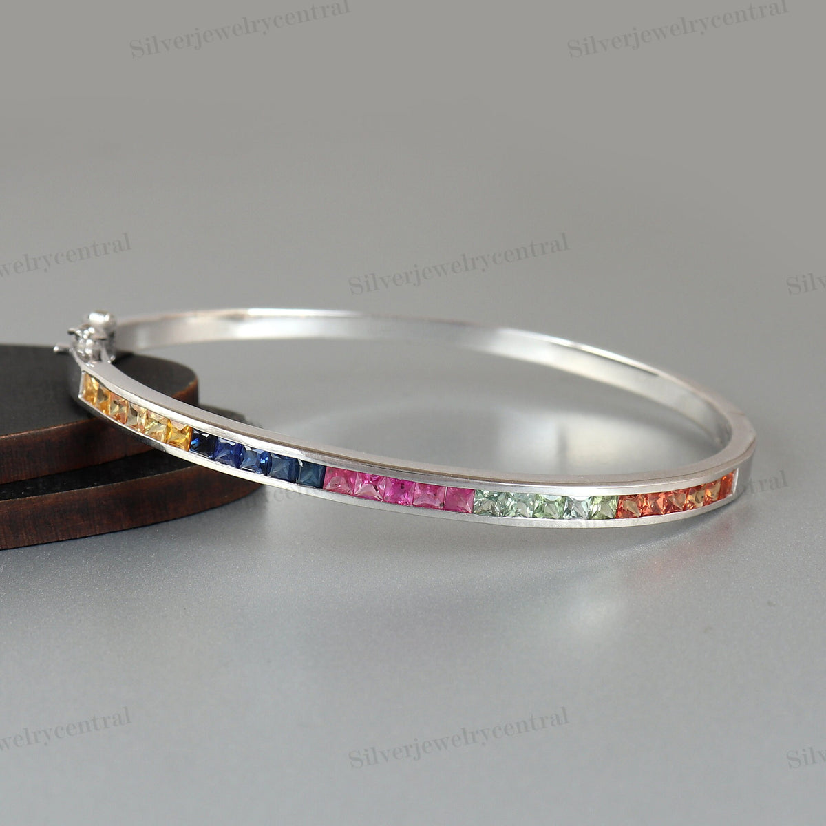 Natural Multi Sapphire Bangle-925 Sterling Silver Bangle-Square Cut Sapphire Bangle-September Birthstone-Stackable Bracelet-Gift for Wife