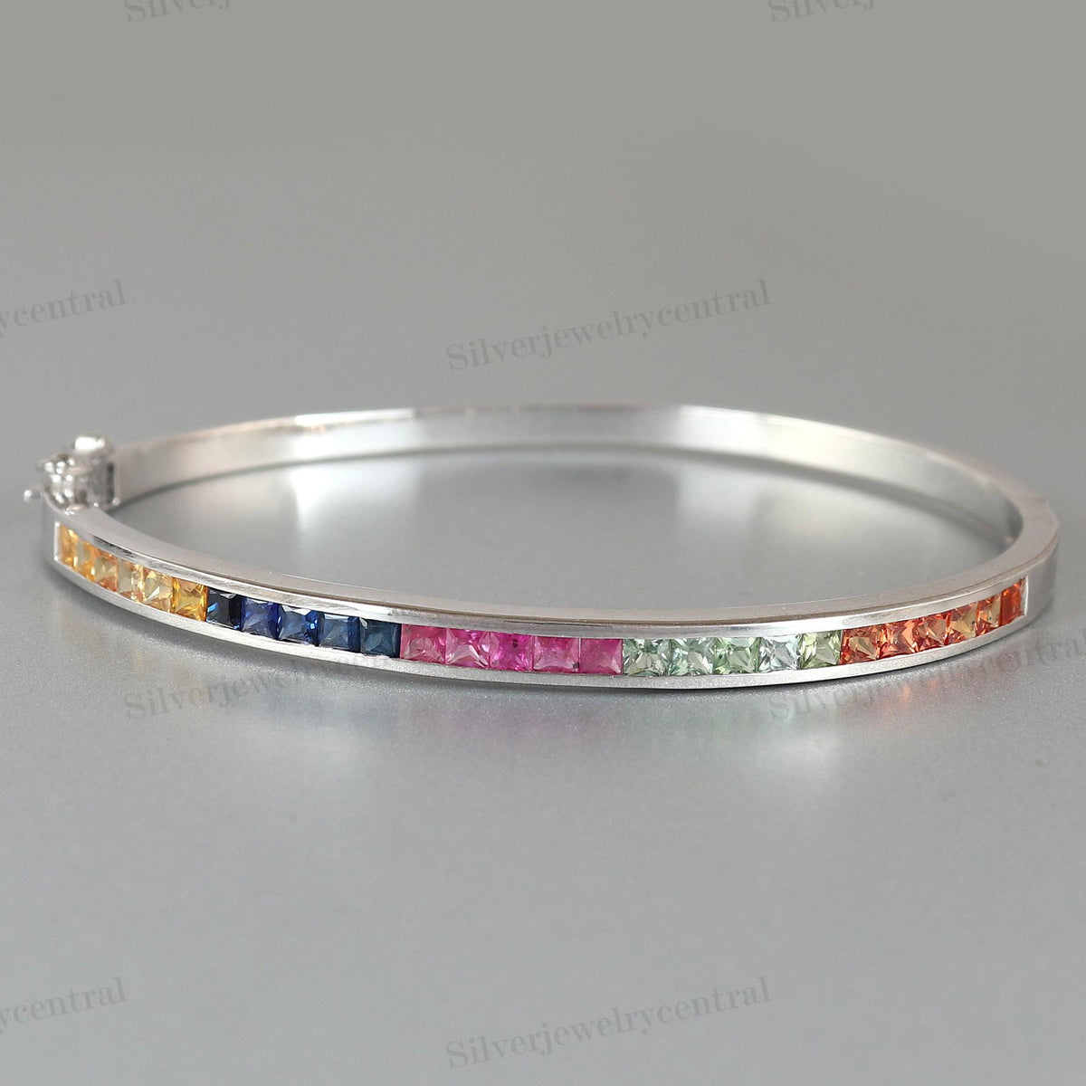 Natural Multi Sapphire Bangle-925 Sterling Silver Bangle-Square Cut Sapphire Bangle-September Birthstone-Stackable Bracelet-Gift for Wife