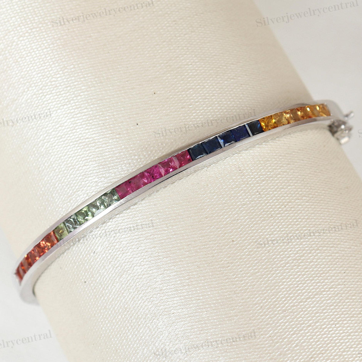 Natural Multi Sapphire Bangle-925 Sterling Silver Bangle-Square Cut Sapphire Bangle-September Birthstone-Stackable Bracelet-Gift for Wife