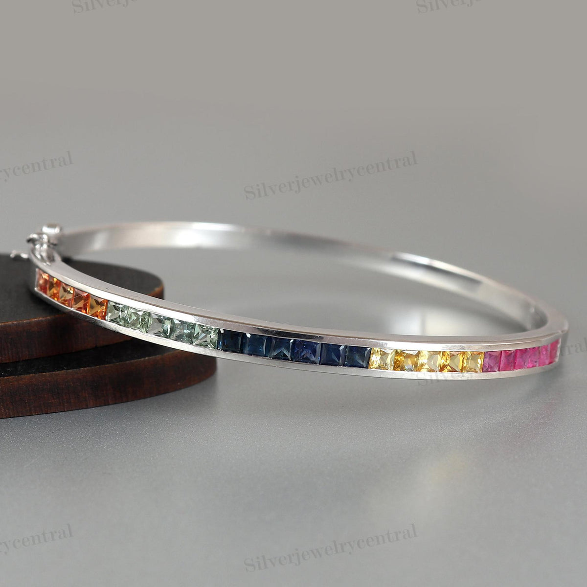 Multi Sapphire Bangle | 925 Sterling Silver Bracelet | Square Gemstone Jewelry