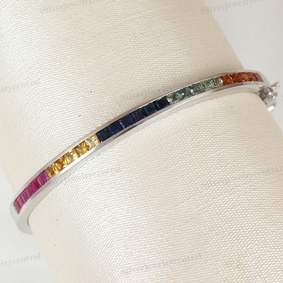 Multi Sapphire Bangle | 925 Sterling Silver Bracelet | Square Gemstone Jewelry