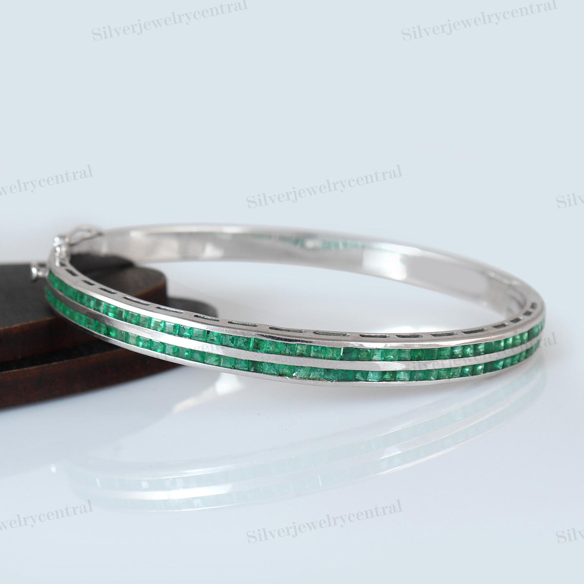 Emerald Bangle Sterling Silver Square Cut Stone May Birthstone Gift