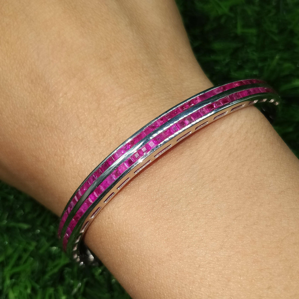 Natural Ruby Bangle, Sterling Silver, Square Cut Gemstone, July Birthstone, Stackable Bracelet