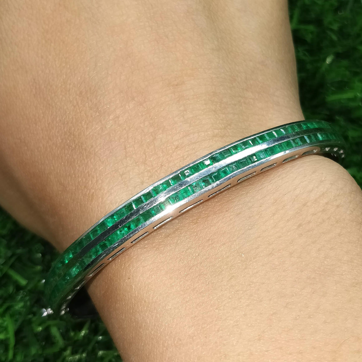 Emerald Bangle Sterling Silver Square Cut Stone May Birthstone Gift