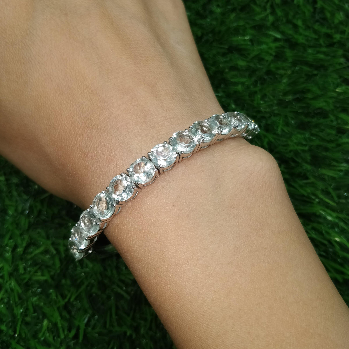 Natural Green Amethyst Bangle | 925 Sterling Silver, February Birthstone, Round Gemstone Bracelet