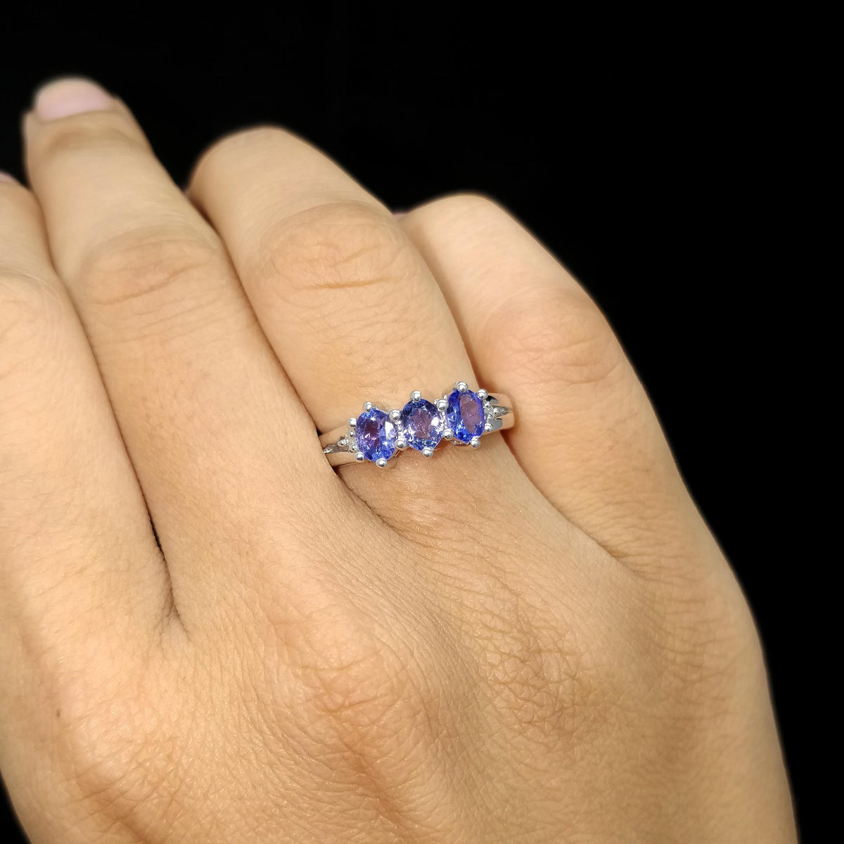 Artisan Natural Tanzanite Gemstone Ring Sterling Silver Handmade Three Stone Jewelry