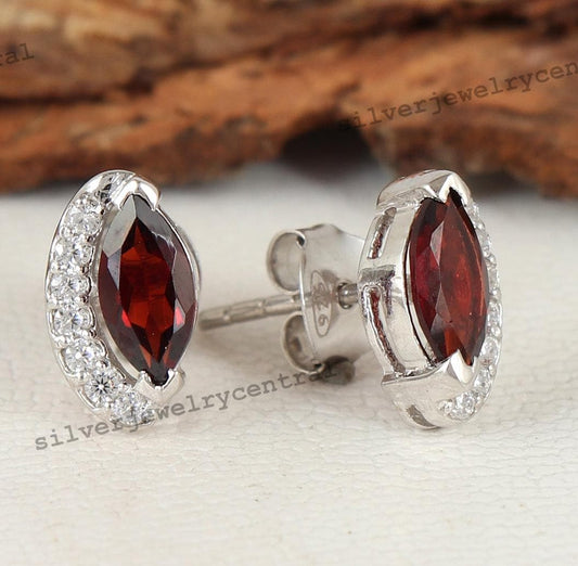Marquise Garnet Stud Earrings, 925 Sterling Silver, January Birthstone, Minimalist Gemstone