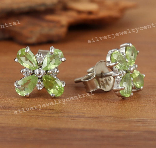 Natural Peridot Pear Cut Stud Earrings, 14k White Gold Flower Jewelry (August Birthstone)