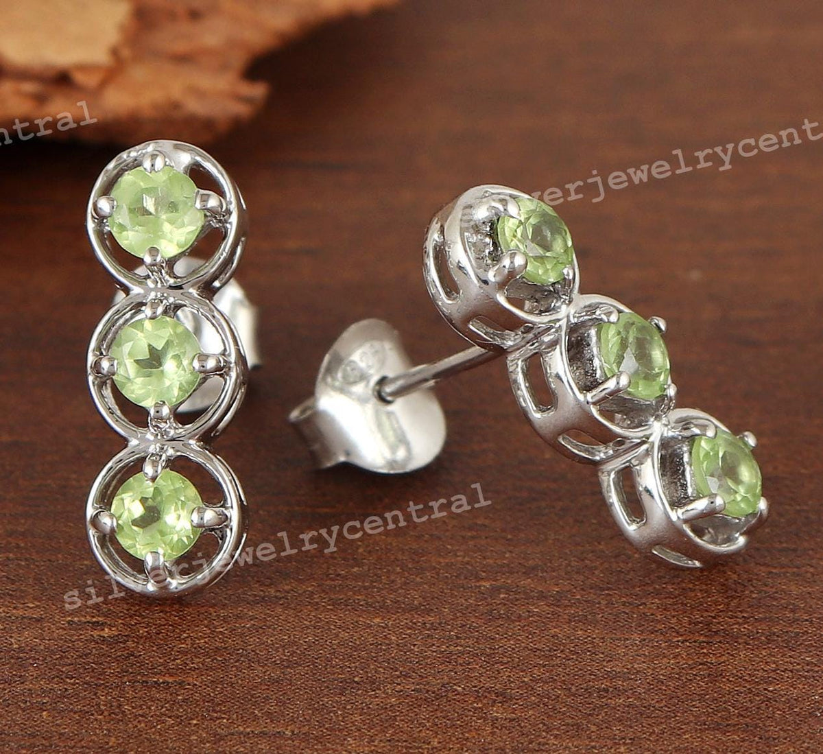 Natural Peridot Stud Earrings, Solid 925 Silver, August Birthstone, Round Faceted Gemstone