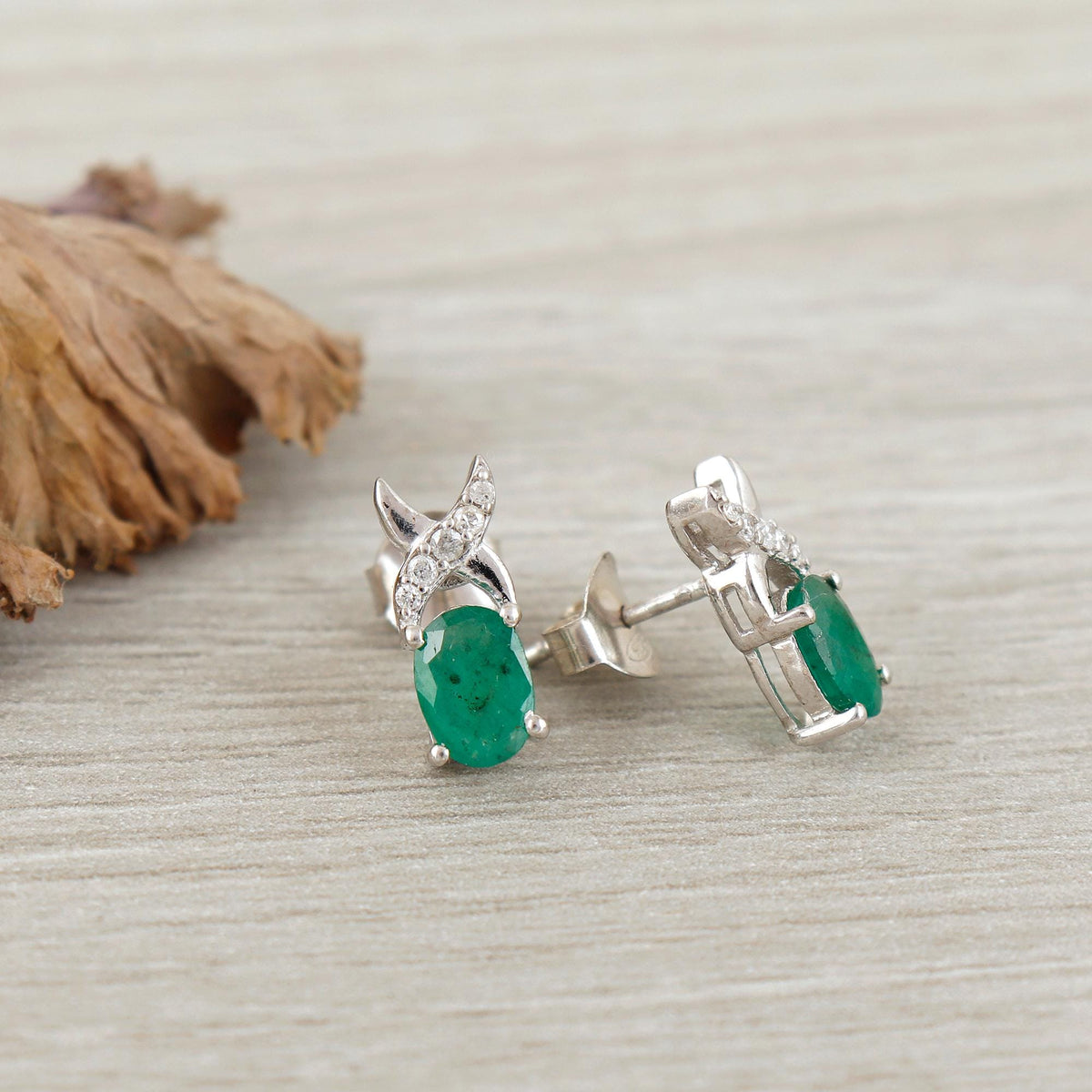 Emerald Stud Earrings: 925 Sterling Silver, CZ Minimalist Dainty Earrings