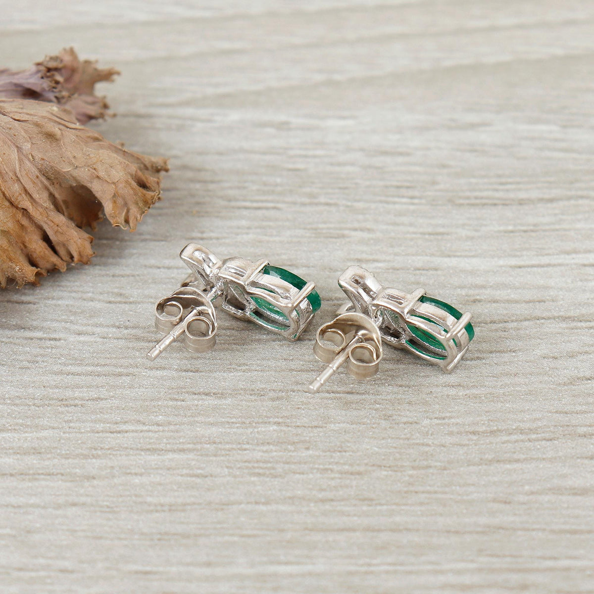Natural Emerald Sterling Silver Stud Earrings: Handmade May Birthstone