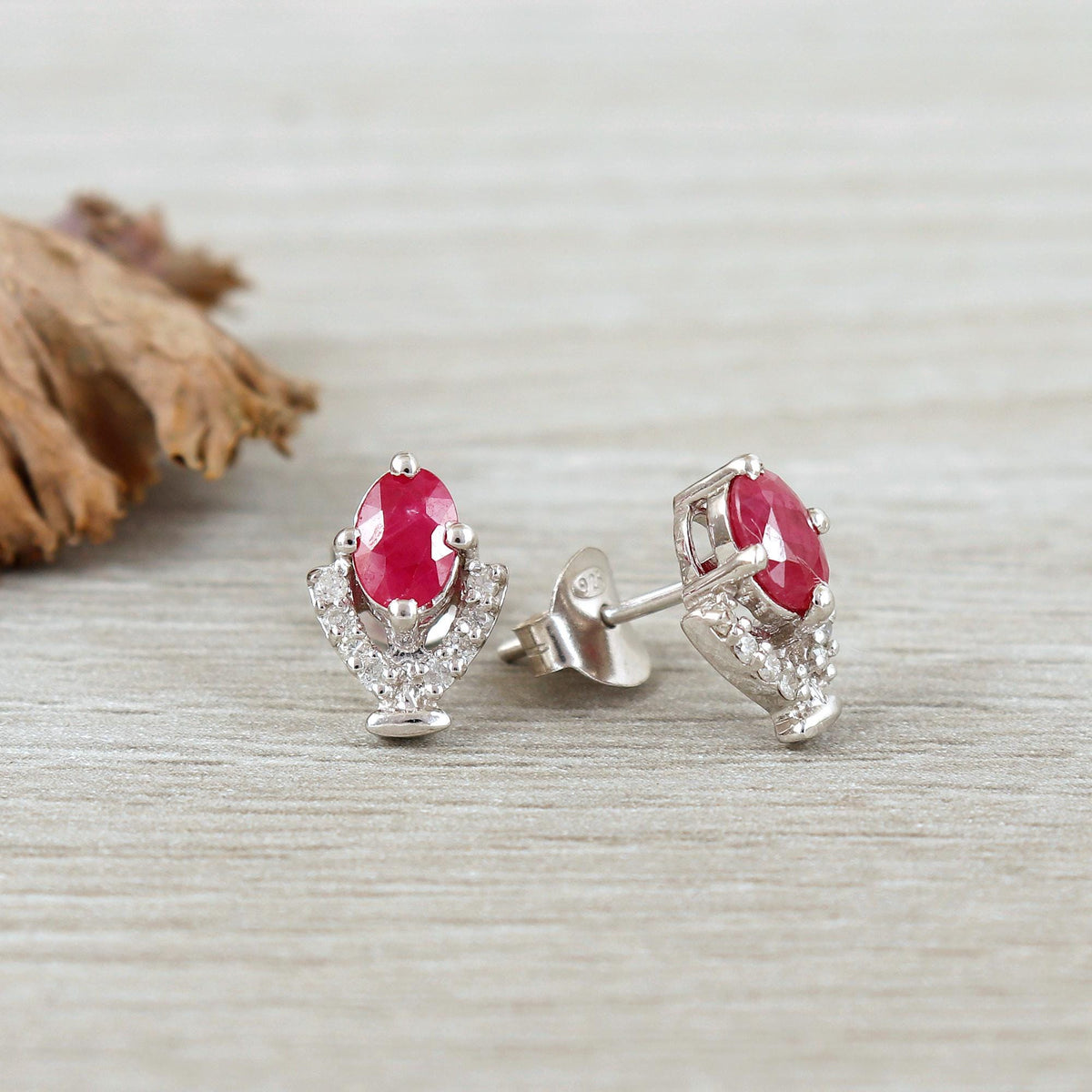 Ruby Stud Earrings: Oval July Birthstone, 925 Sterling Silver
