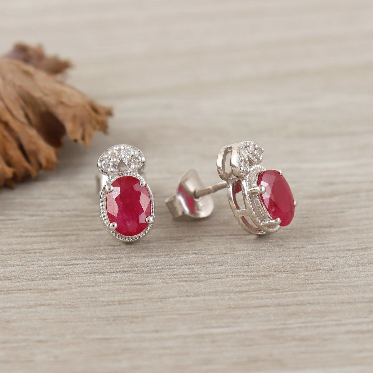 Ruby Sterling Silver Stud Earrings: Oval July Birthstone