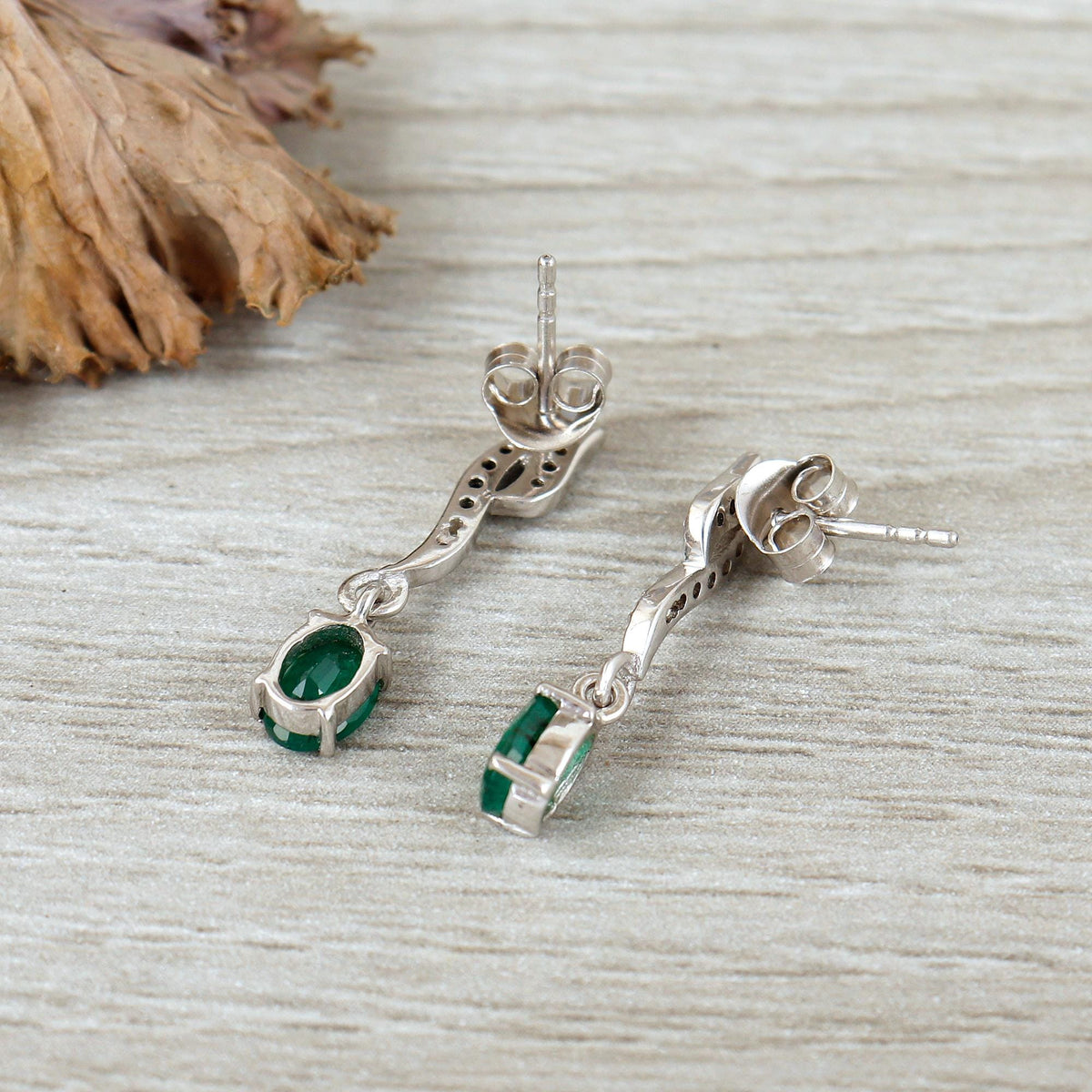 Emerald Stud Earrings: 925 Sterling Silver, Oval Gemstone