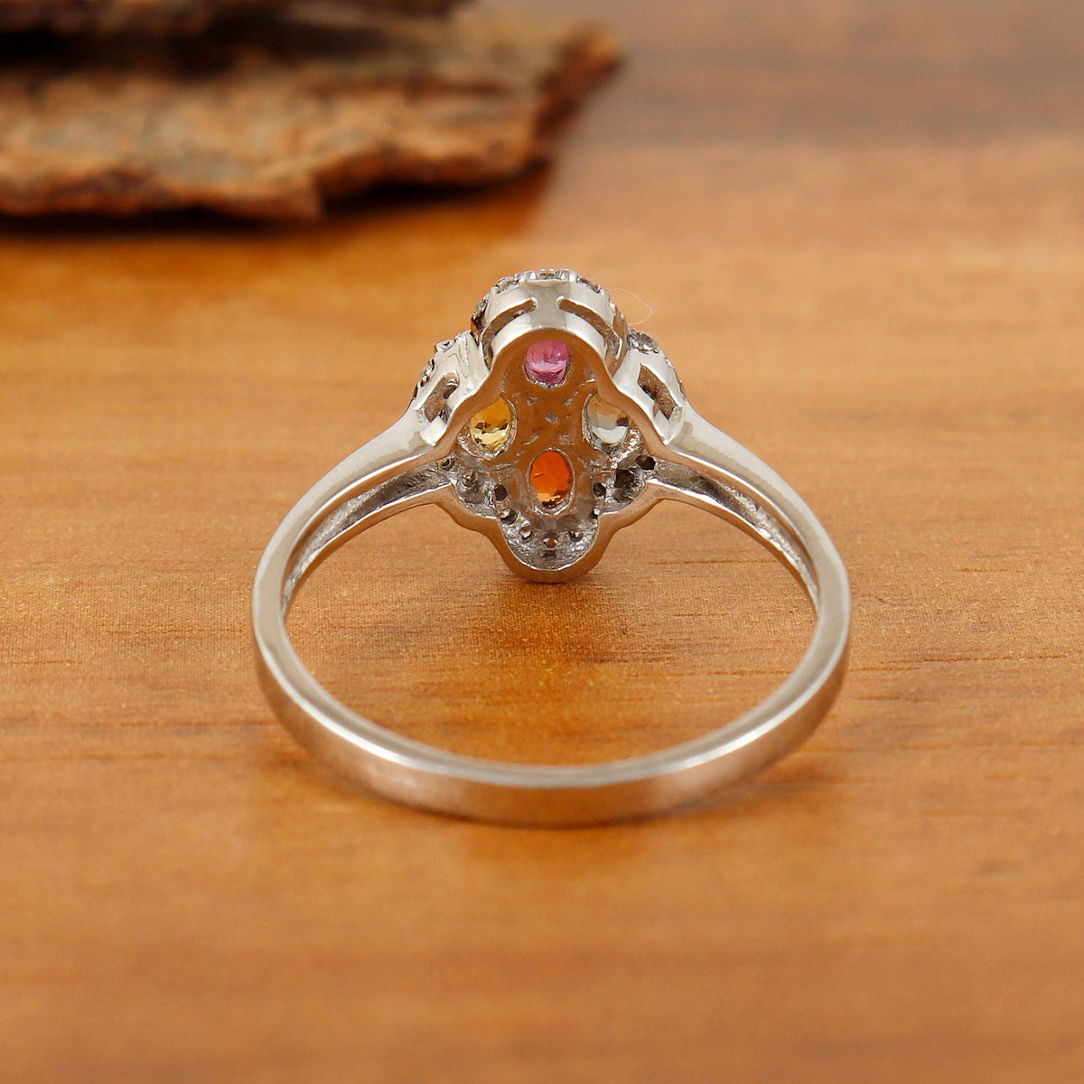 Multi Sapphire & Diamond Silver Ring, Statement Handmade Gemstone Jewelry
