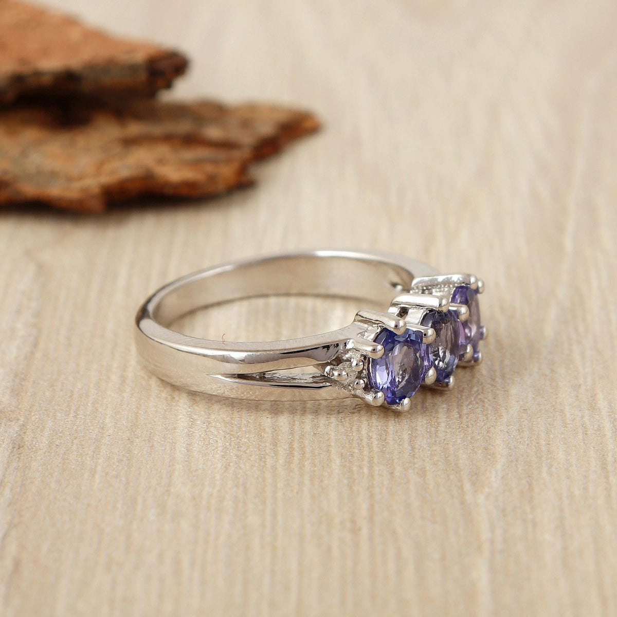 Artisan Natural Tanzanite Gemstone Ring Sterling Silver Handmade Three Stone Jewelry