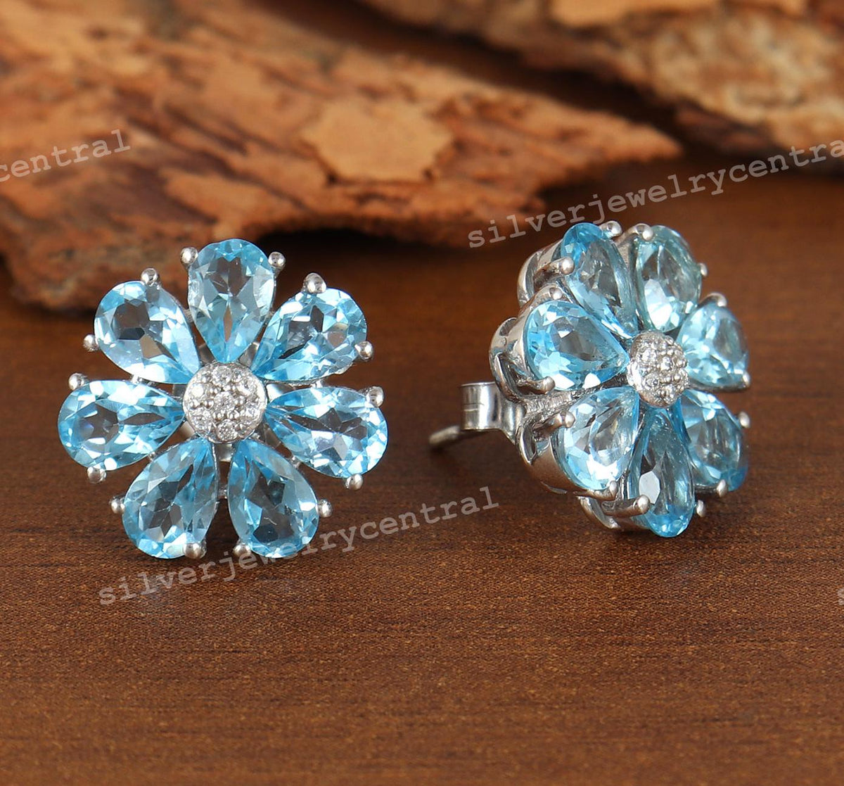 Sterling Silver Swiss Blue Topaz Flower Stud Earrings, Pear Gemstone Minimalist Floral Studs
