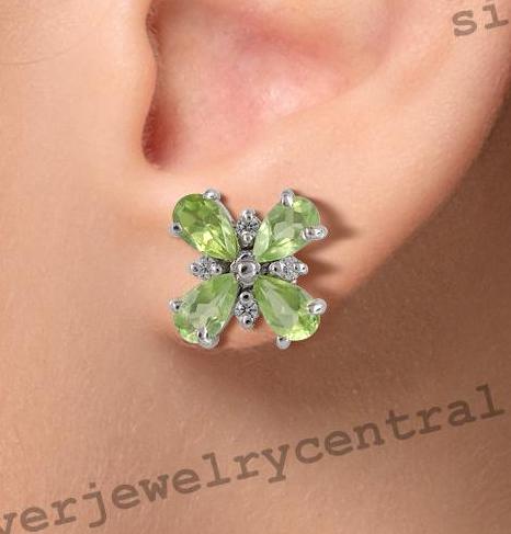 Natural Peridot Pear Cut Stud Earrings, 14k White Gold Flower Jewelry (August Birthstone)