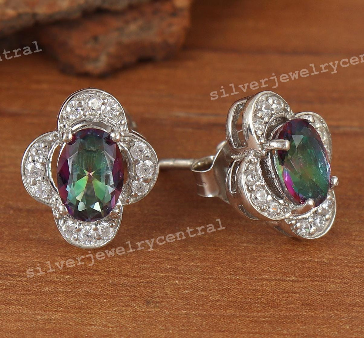Oval Mystic Topaz Sterling Silver Stud Earrings, November Birthstone Flower Design