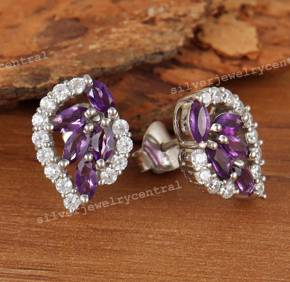 Marquise Amethyst Stud Earrings, 925 Sterling Silver, CZ Accents, February Birthstone