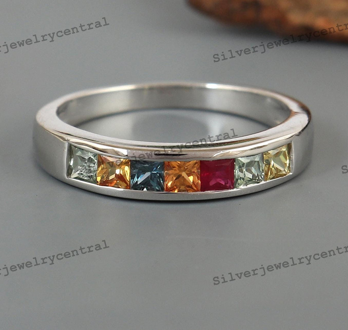 Multi Sapphire Band Ring: Square Gemstone, Sterling Silver Jewelry