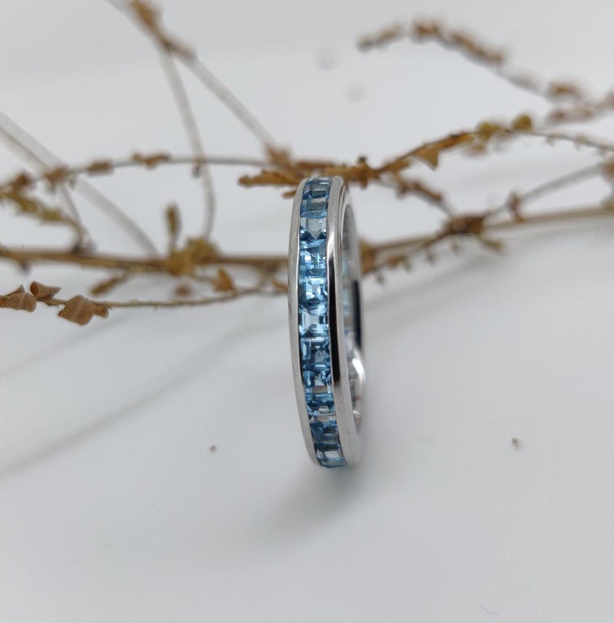 Blue Topaz Sterling Silver Ring: Square Gemstone Band, December Birthstone
