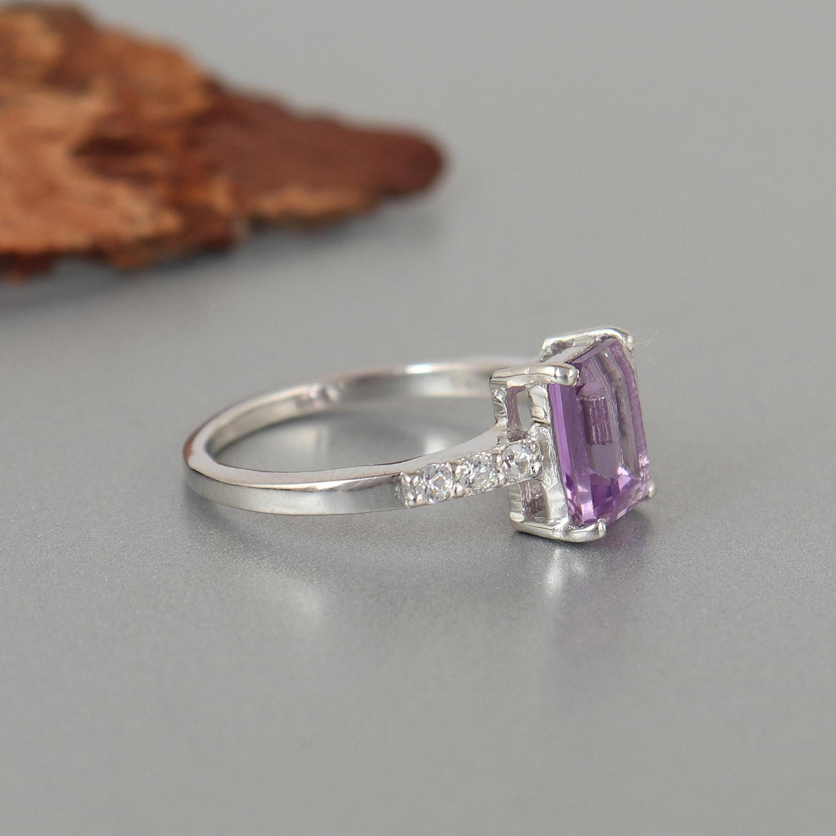 Natural Amethyst Ring-925 Sterling Silver Jewelry-Cubic Zircon-February Birthstone Jewelry-Emerald Cut Amethyst Jewelry-Gift for Birthday