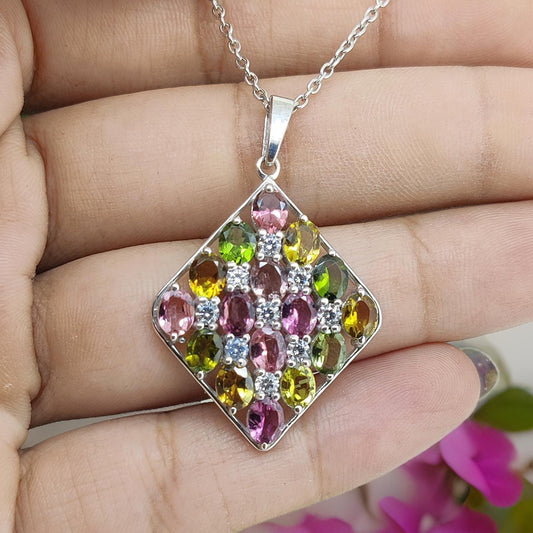 Multi Tourmaline Sterling Silver Pendant: Dainty Oval Gemstone