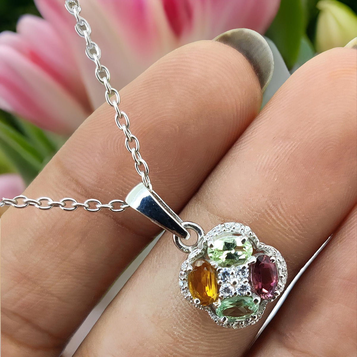 Minimalist Multi Tourmaline Sterling Silver Pendant: October Birthstone