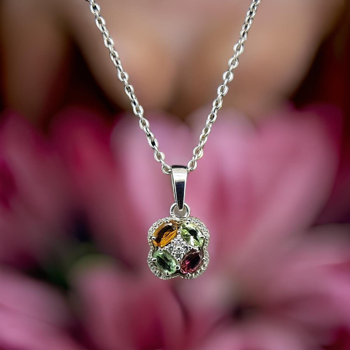 Minimalist Multi Tourmaline Sterling Silver Pendant: October Birthstone