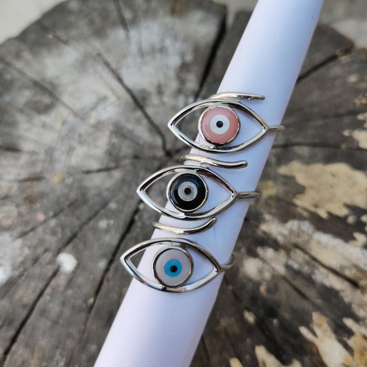 Evil Eye Ring: Adjustable 925 Sterling Silver, Enamel Detail