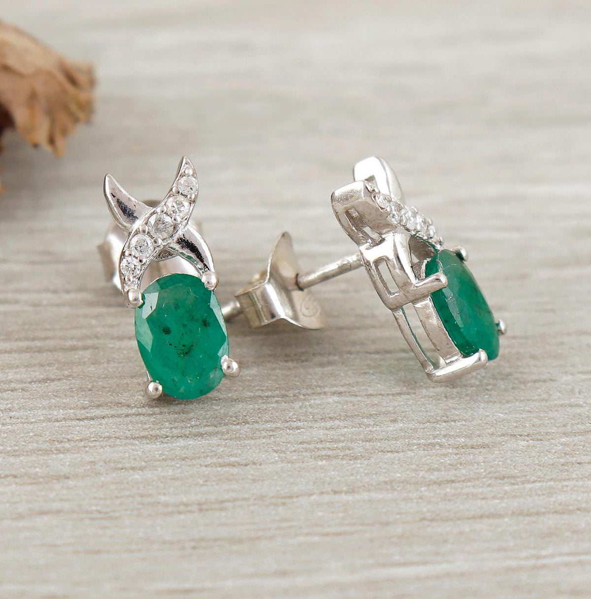 Natural Emerald Sterling Silver Stud Earrings: Handmade May Birthstone