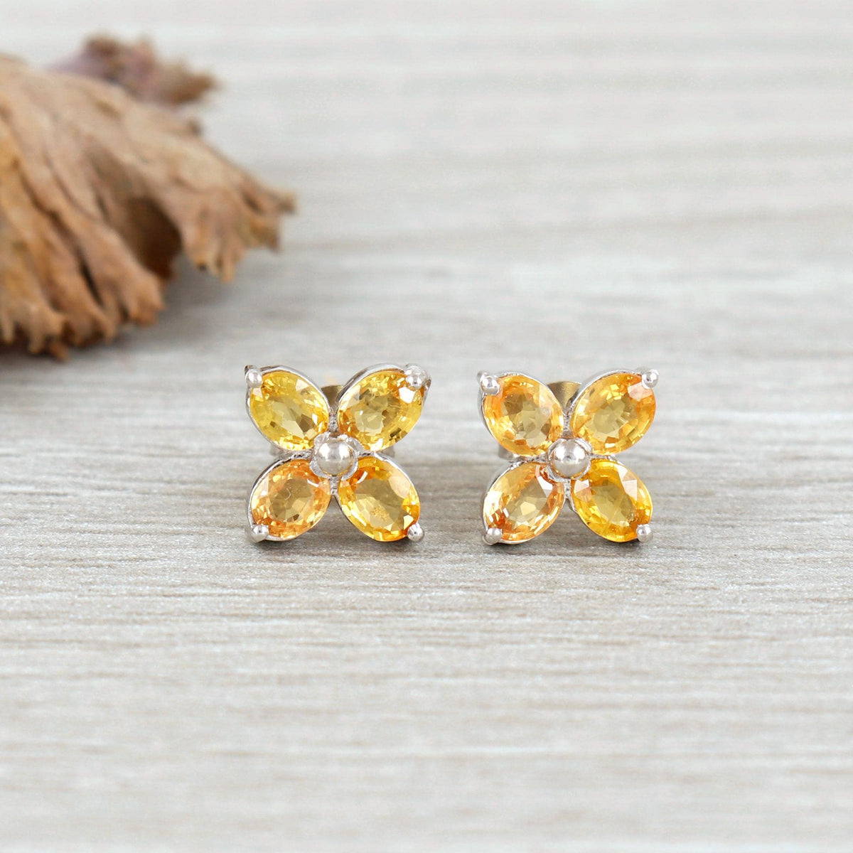 Natural Yellow Sapphire Flower Stud Earring-Gemstone Flower Stud-925 Sterling Silver-September Birthstone-Handmade Jewelry-Anniversary Gift