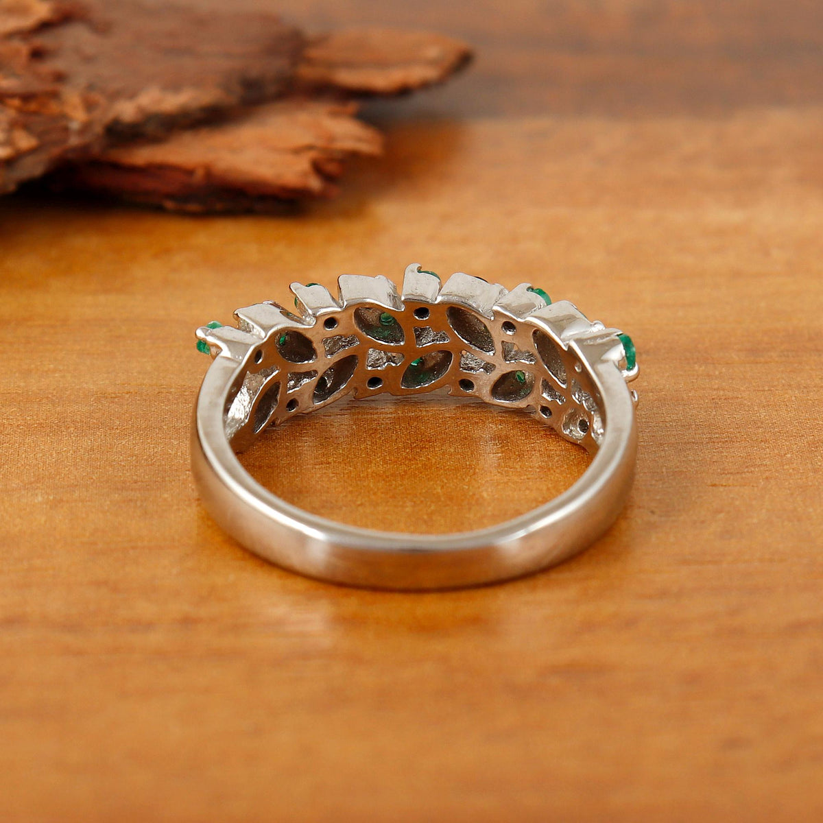 Emerald Silver Half Eternity Ring, May Birthstone Stackable Band