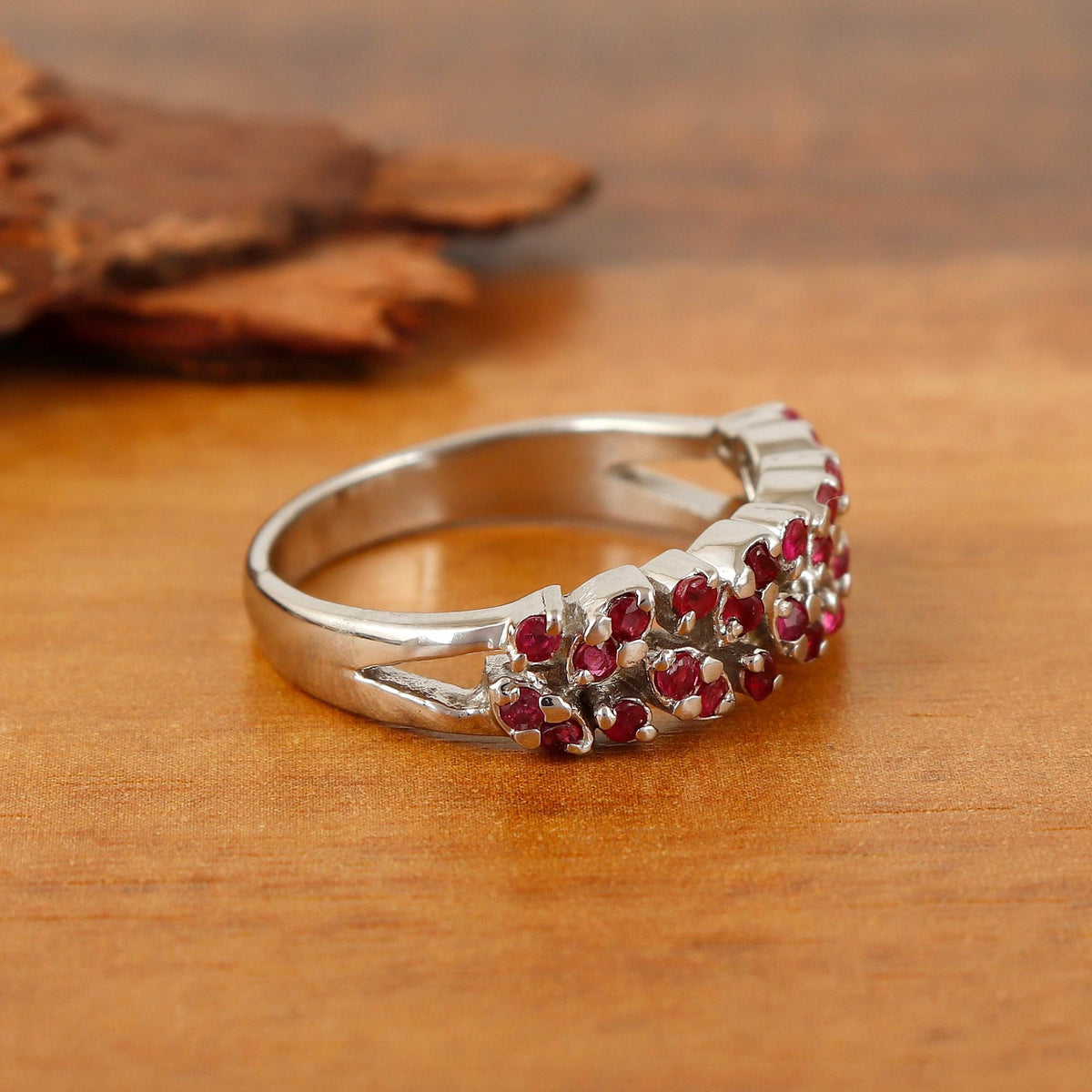 Ruby Half Eternity Ring Sterling Silver, Minimalist Stacking Band Gift for women