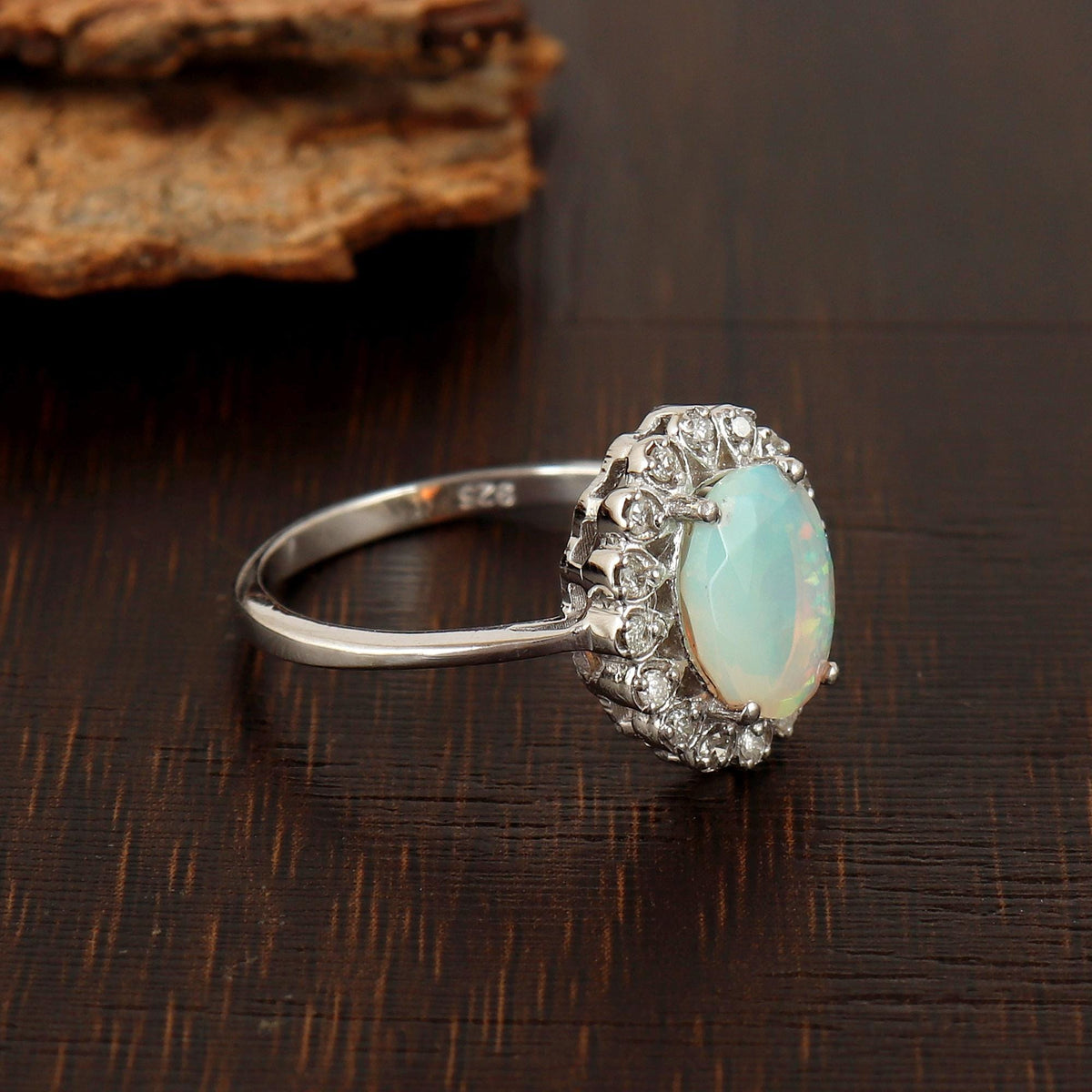 Ethiopian Opal & Diamond Engagement Ring, Handmade Wedding Silver Band Jewelry